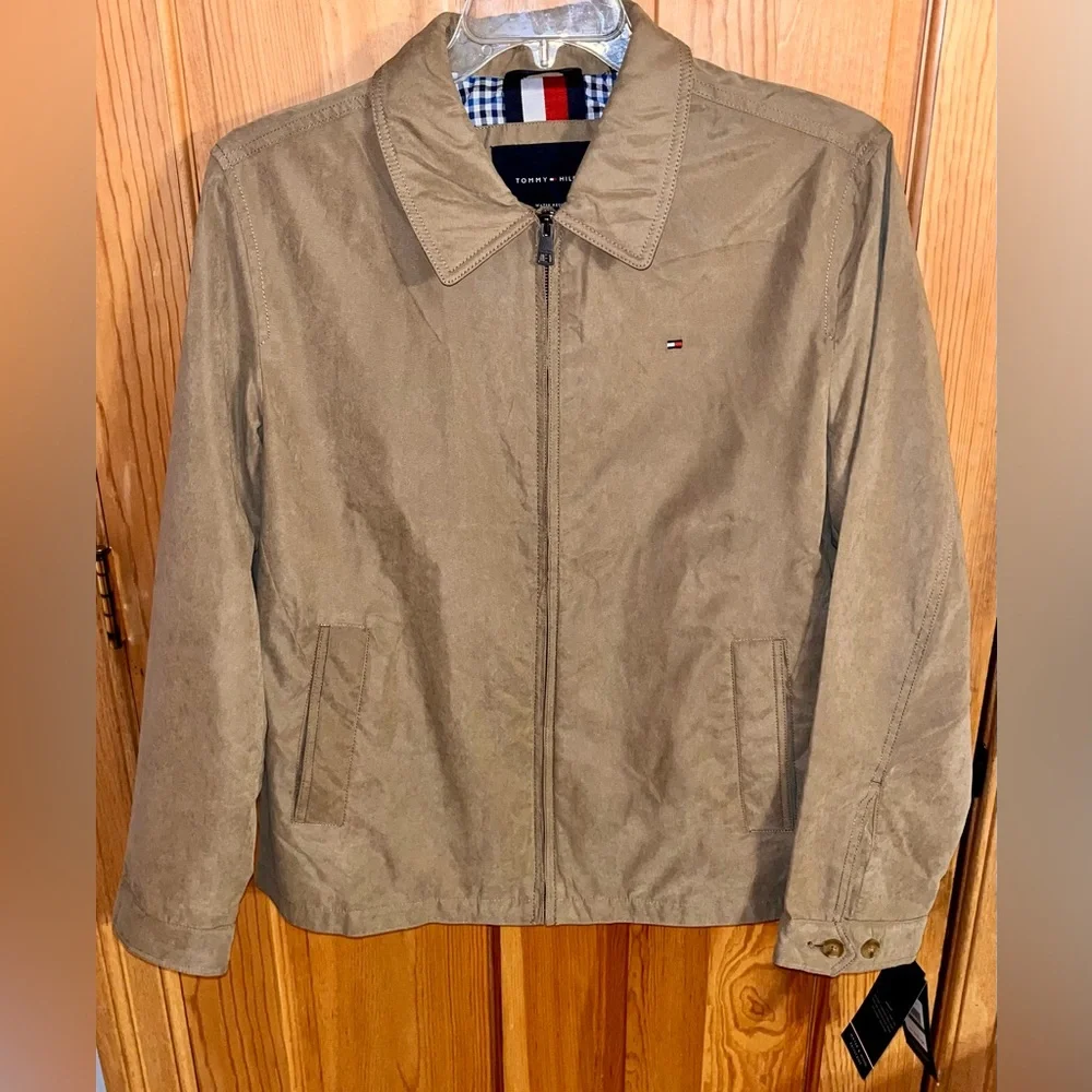 NWT Tommy Hilfiger Mens Khaki Micro Twill Jacket L Gingham Lined Harrington Coat